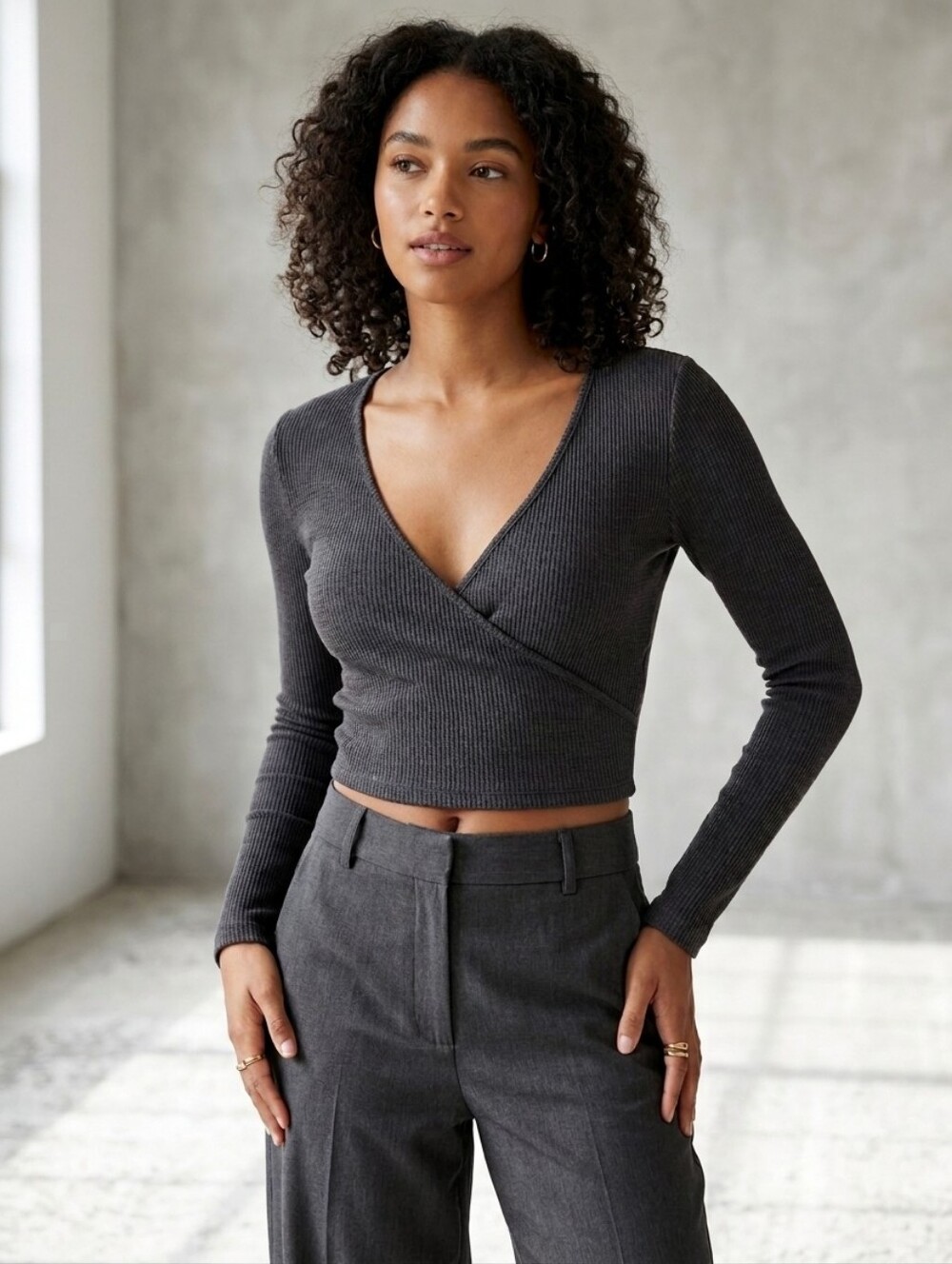 aerie Dark Gray Soft Ribbed Wrap-Front Long Sleeve Top